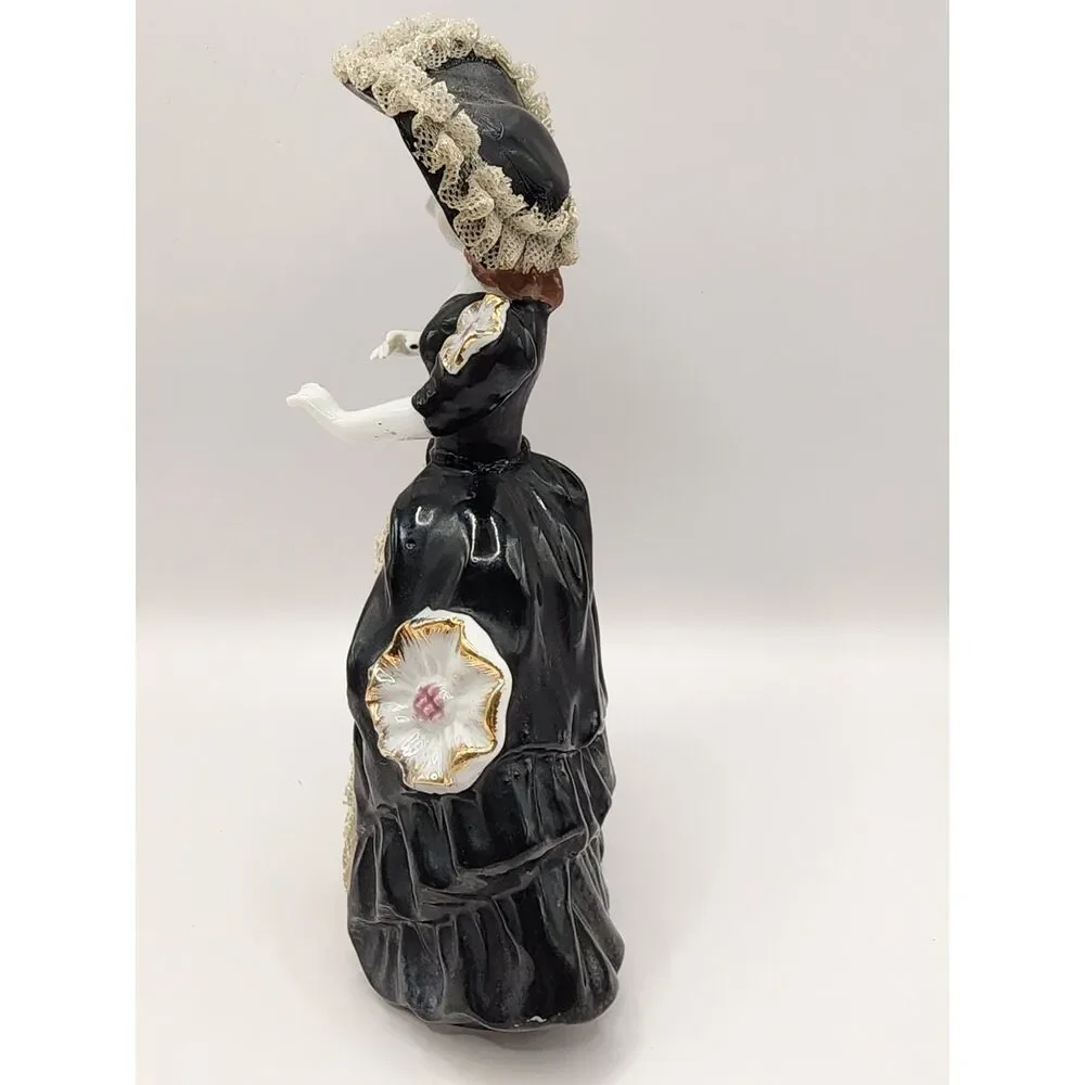 Vintage Porcelain Lace Lady Figurine Black Dress Flowers Purse Damaged Pinky